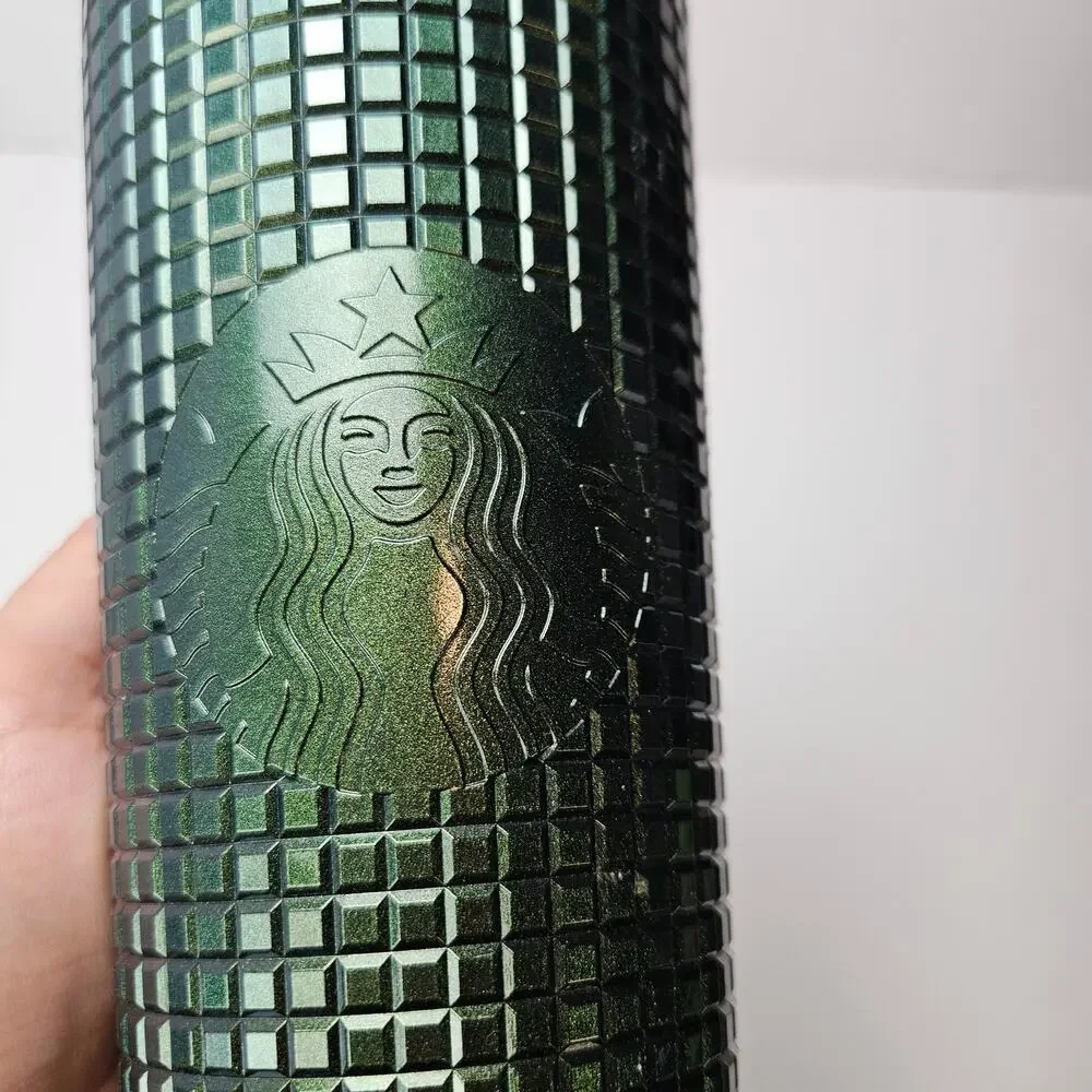 Starbucks 2021 Deep Green Disco Grid 24oz‎ Tumber Venti Straw